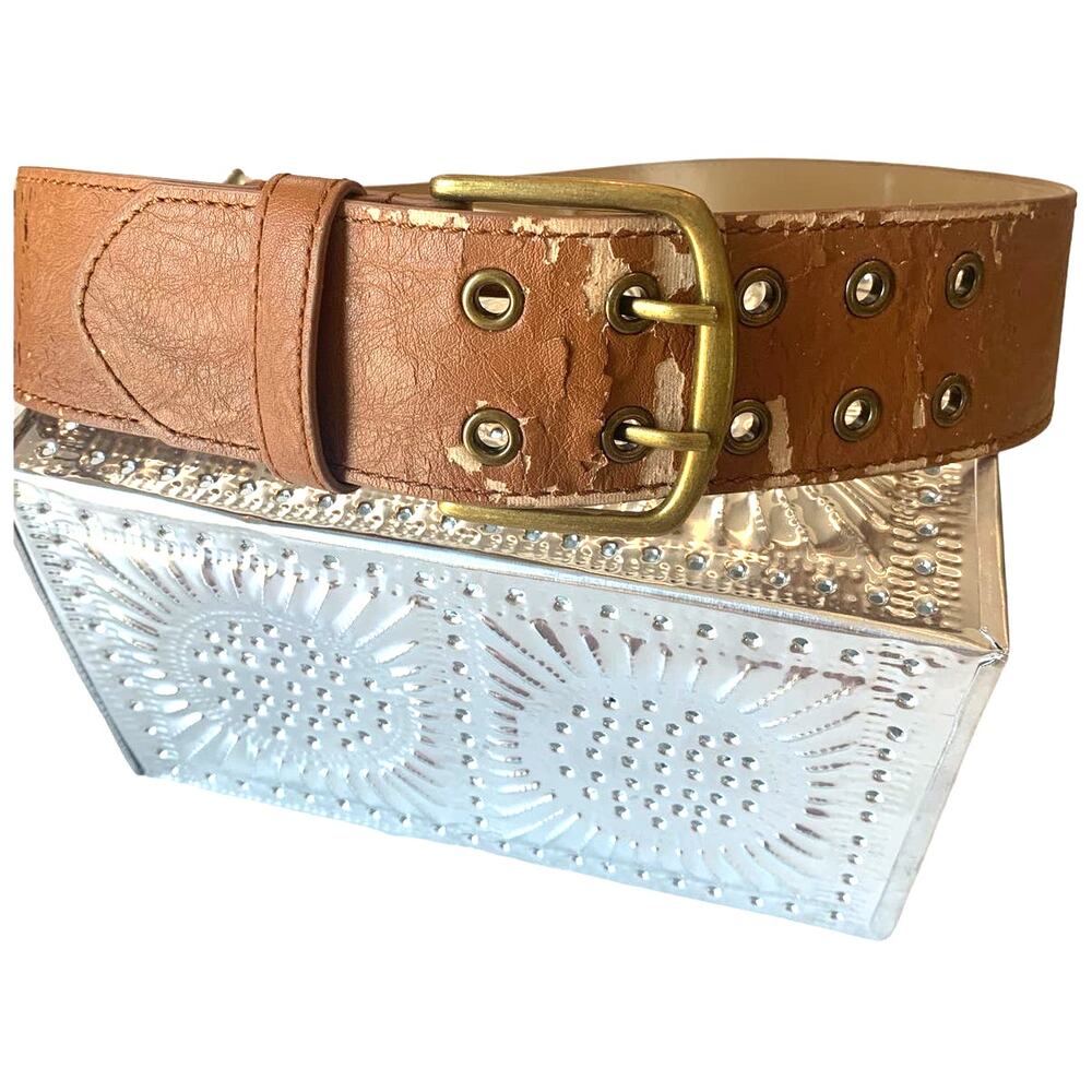 Vintage Womens Wide Belt  Faux Leather Brown Double Buckle Brass Flawed Wearable
